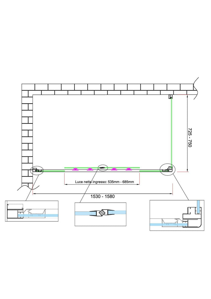 Box doccia 6 mm H 190 parete fissa e porta a 4 ante con apertura centrale MISURA 72,5-75 ANTA FISSA + PORTA 153-158 