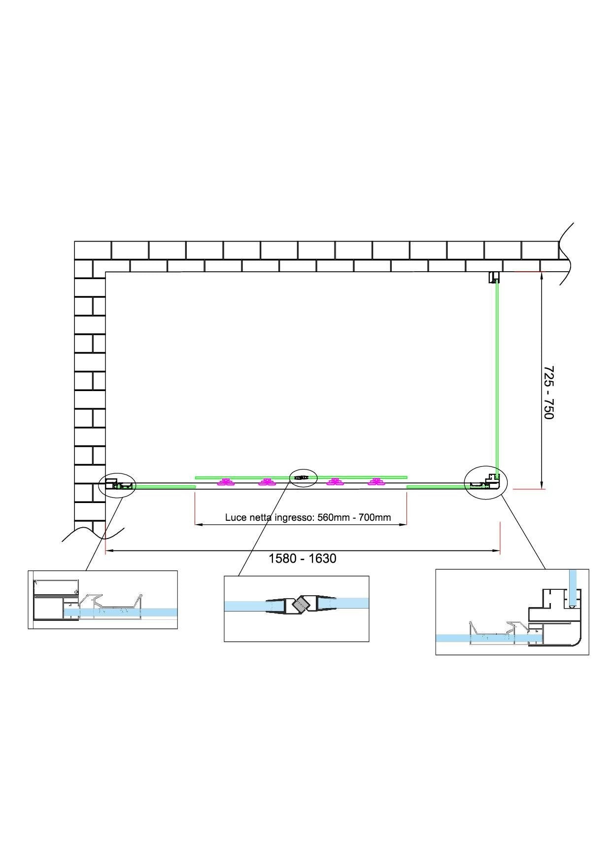 Box doccia 6 mm H 190 parete fissa e porta a 4 ante con apertura centrale MISURA 72,5-75 ANTA FISSA + PORTA 158-163 