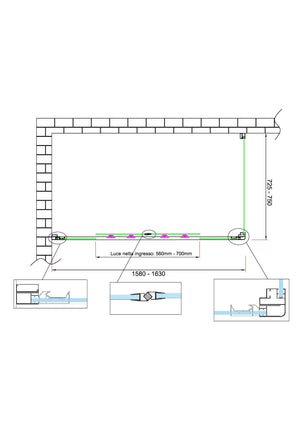 Box doccia 6 mm H 190 parete fissa e porta a 4 ante con apertura centrale MISURA 72,5-75 ANTA FISSA + PORTA 158-163 