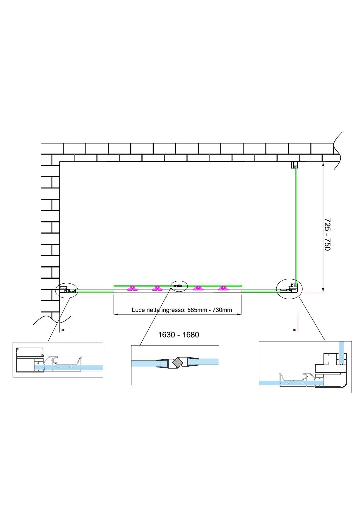 Box doccia 6 mm H 190 parete fissa e porta a 4 ante con apertura centrale MISURA 72,5-75 ANTA FISSA + PORTA 163-168 