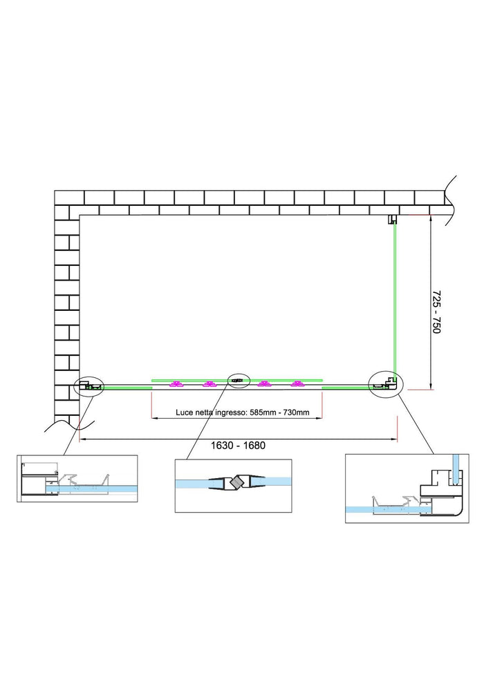 Box doccia 6 mm H 190 parete fissa e porta a 4 ante con apertura centrale MISURA 72,5-75 ANTA FISSA + PORTA 163-168 