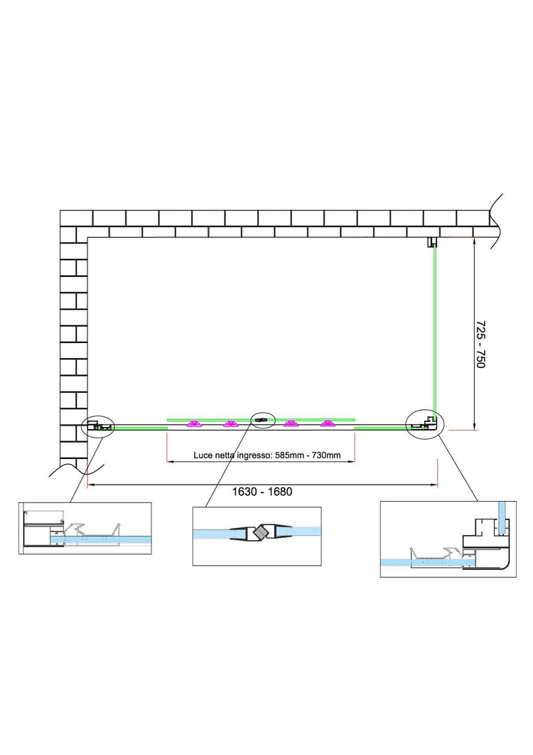 Box doccia 6 mm H 190 parete fissa e porta a 4 ante con apertura centrale MISURA 72,5-75 ANTA FISSA + PORTA 163-168 