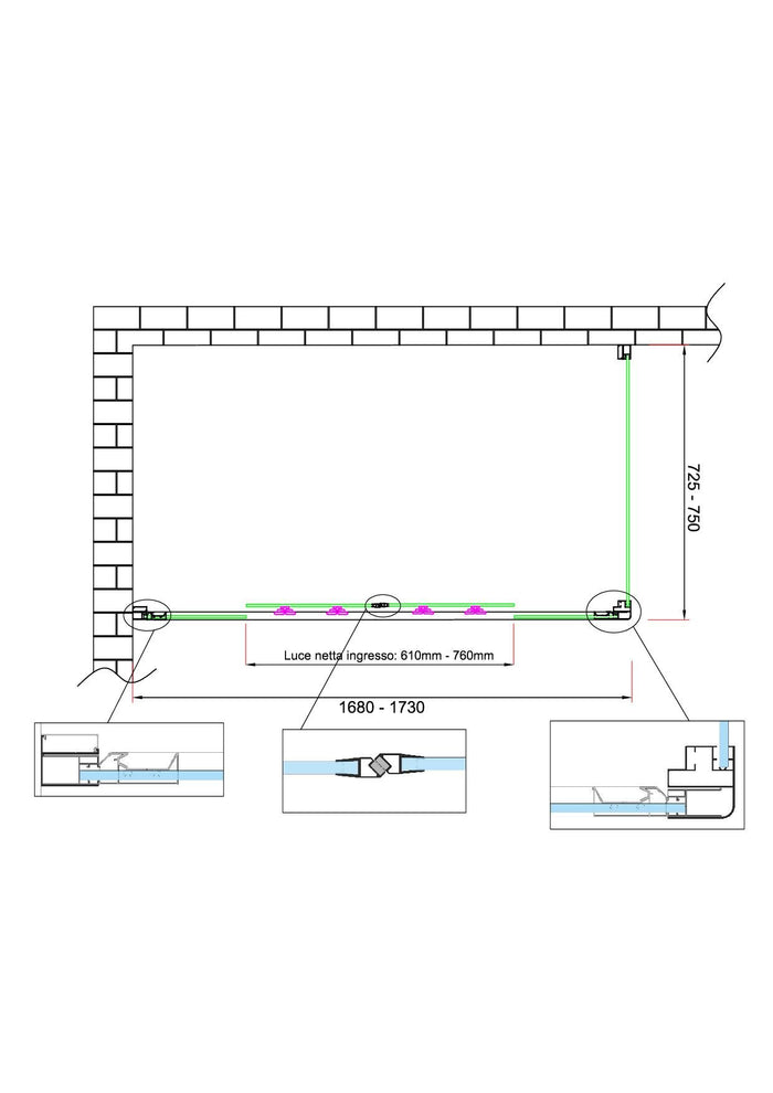 Box doccia 6 mm H 190 parete fissa e porta a 4 ante con apertura centrale MISURA 72,5-75 ANTA FISSA + PORTA 168-173 