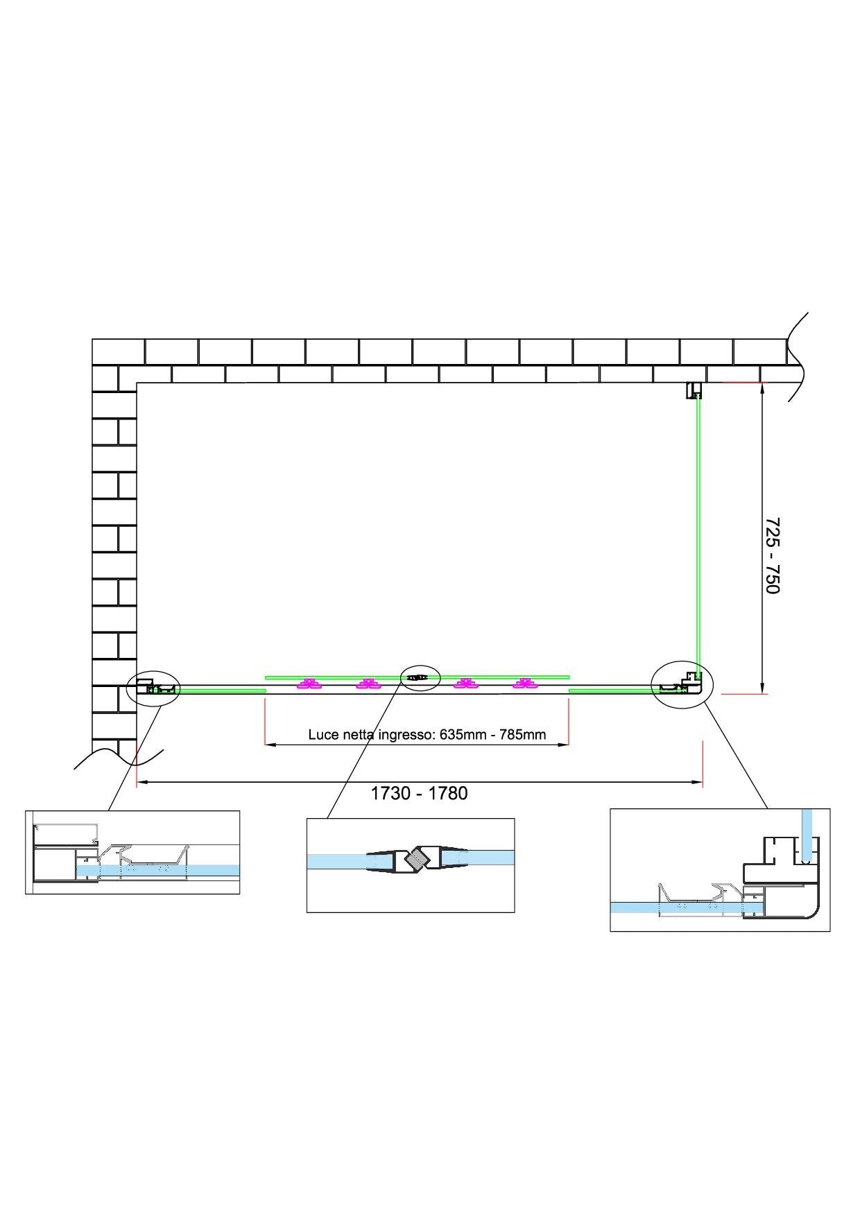 Box doccia 6 mm H 190 parete fissa e porta a 4 ante con apertura centrale MISURA 72,5-75 ANTA FISSA + PORTA 173-178 