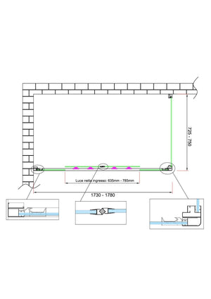 Box doccia 6 mm H 190 parete fissa e porta a 4 ante con apertura centrale MISURA 72,5-75 ANTA FISSA + PORTA 173-178 