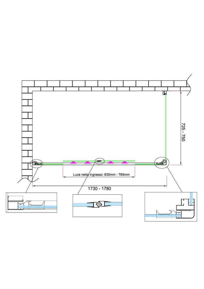 Box doccia 6 mm H 190 parete fissa e porta a 4 ante con apertura centrale MISURA 72,5-75 ANTA FISSA + PORTA 173-178 