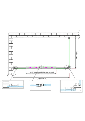 Box doccia 6 mm H 190 parete fissa e porta a 4 ante con apertura centrale MISURA 72,5-75 ANTA FISSA + PORTA 178-183 