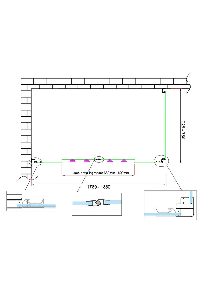 Box doccia 6 mm H 190 parete fissa e porta a 4 ante con apertura centrale MISURA 72,5-75 ANTA FISSA + PORTA 178-183 