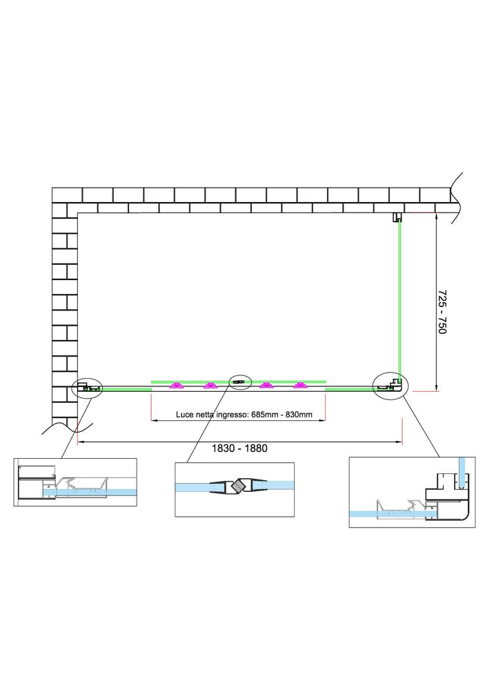 Box doccia 6 mm H 190 parete fissa e porta a 4 ante con apertura centrale MISURA 72,5-75 ANTA FISSA + PORTA 183-188 