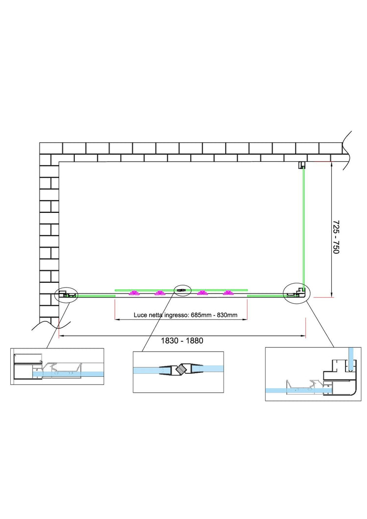 Box doccia 6 mm H 190 parete fissa e porta a 4 ante con apertura centrale MISURA 72,5-75 ANTA FISSA + PORTA 183-188 