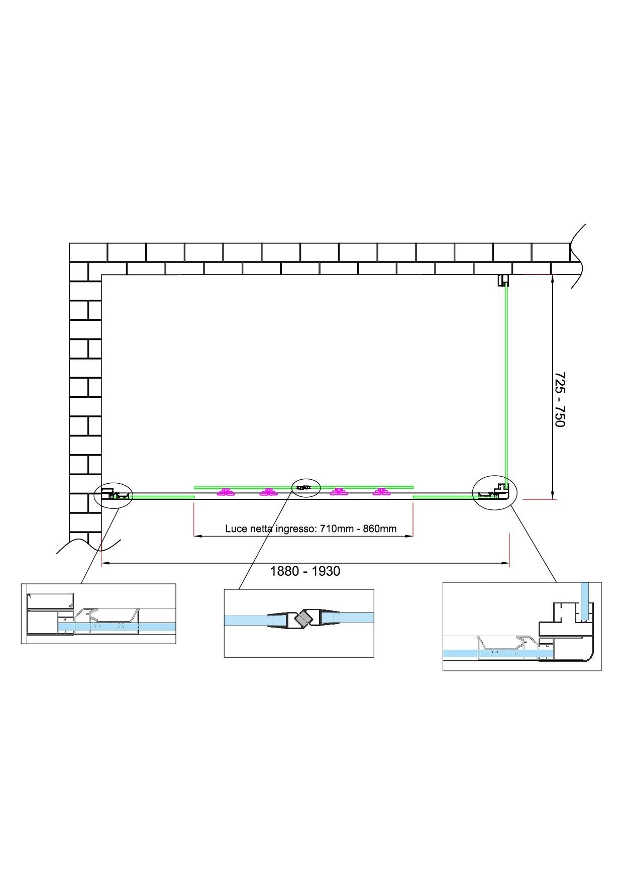 Box doccia 6 mm H 190 parete fissa e porta a 4 ante con apertura centrale MISURA 72,5-75 ANTA FISSA + PORTA 188-193 