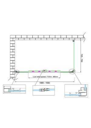 Box doccia 6 mm H 190 parete fissa e porta a 4 ante con apertura centrale MISURA 72,5-75 ANTA FISSA + PORTA 188-193 