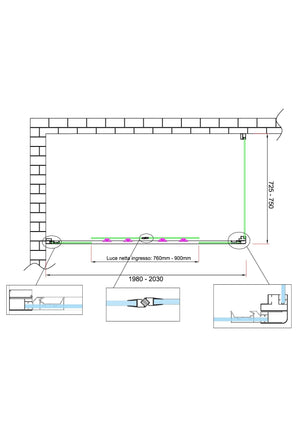 Box doccia 6 mm H 190 parete fissa e porta a 4 ante con apertura centrale MISURA 72,5-75 ANTA FISSA + PORTA 198-203 