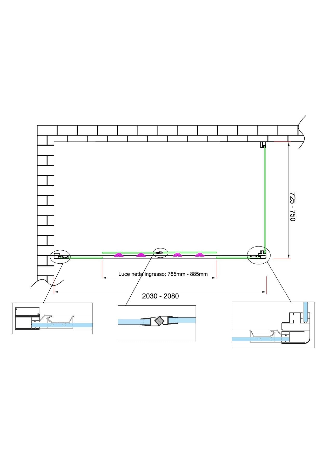 Box doccia 6 mm H 190 parete fissa e porta a 4 ante con apertura centrale MISURA 72,5-75 ANTA FISSA + PORTA 203-208 