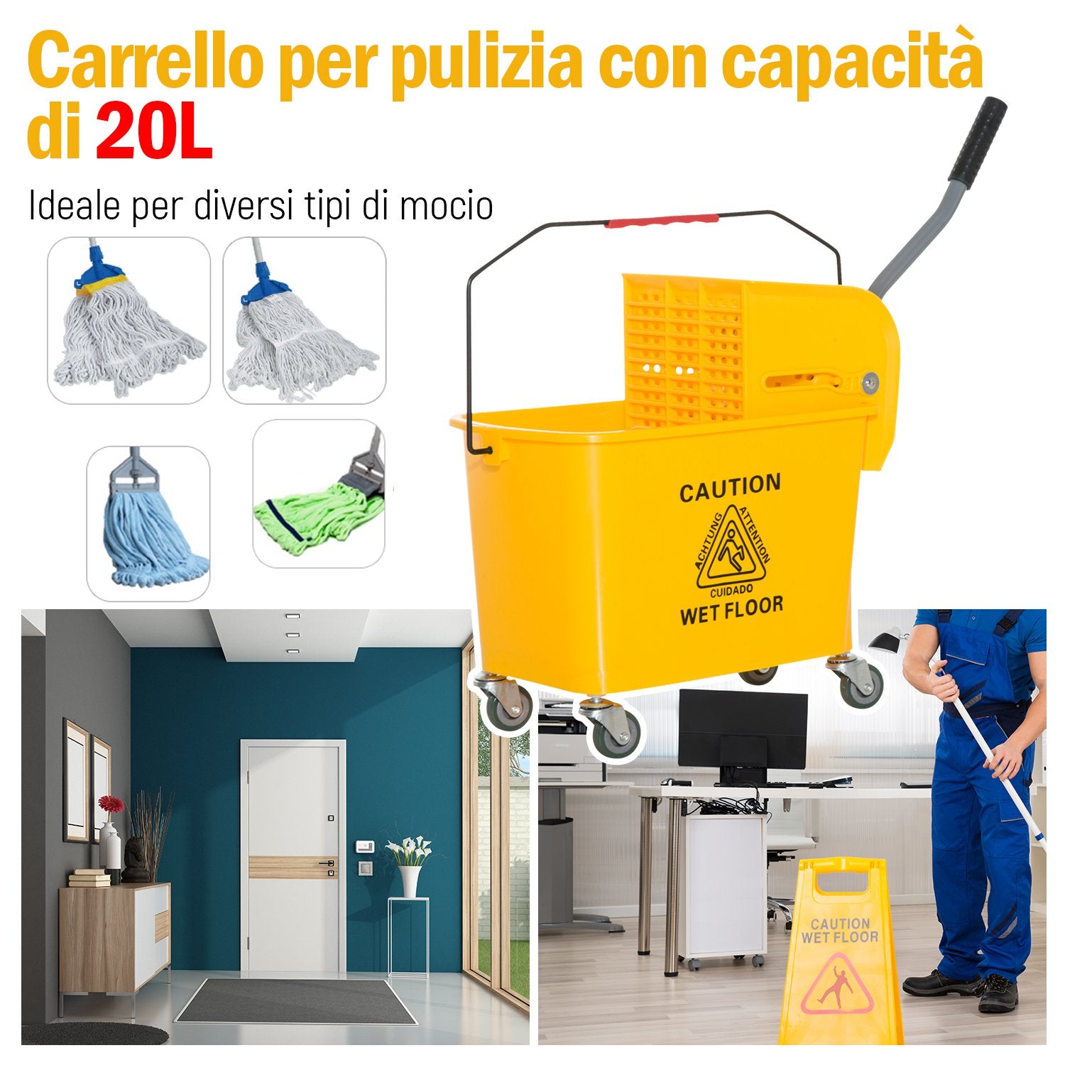 Easycomfort Carrello Secchio con Separatore Acqua e Strizzatore Rimovibile in PP, Giallo, 63 x 27 x 67cm