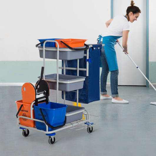 EASYCOMFORT Carrello per Pulizie Professionale con 4 Secchi Rotelle Borsa di Tela, Grigio