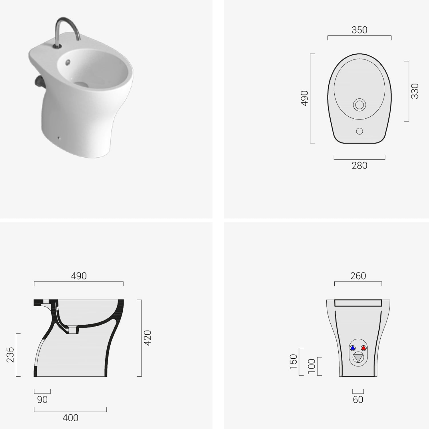 Sanitari moderni a terra distanziati da Parete Domus Falerii Mascalzone Light con sedile Soft Close