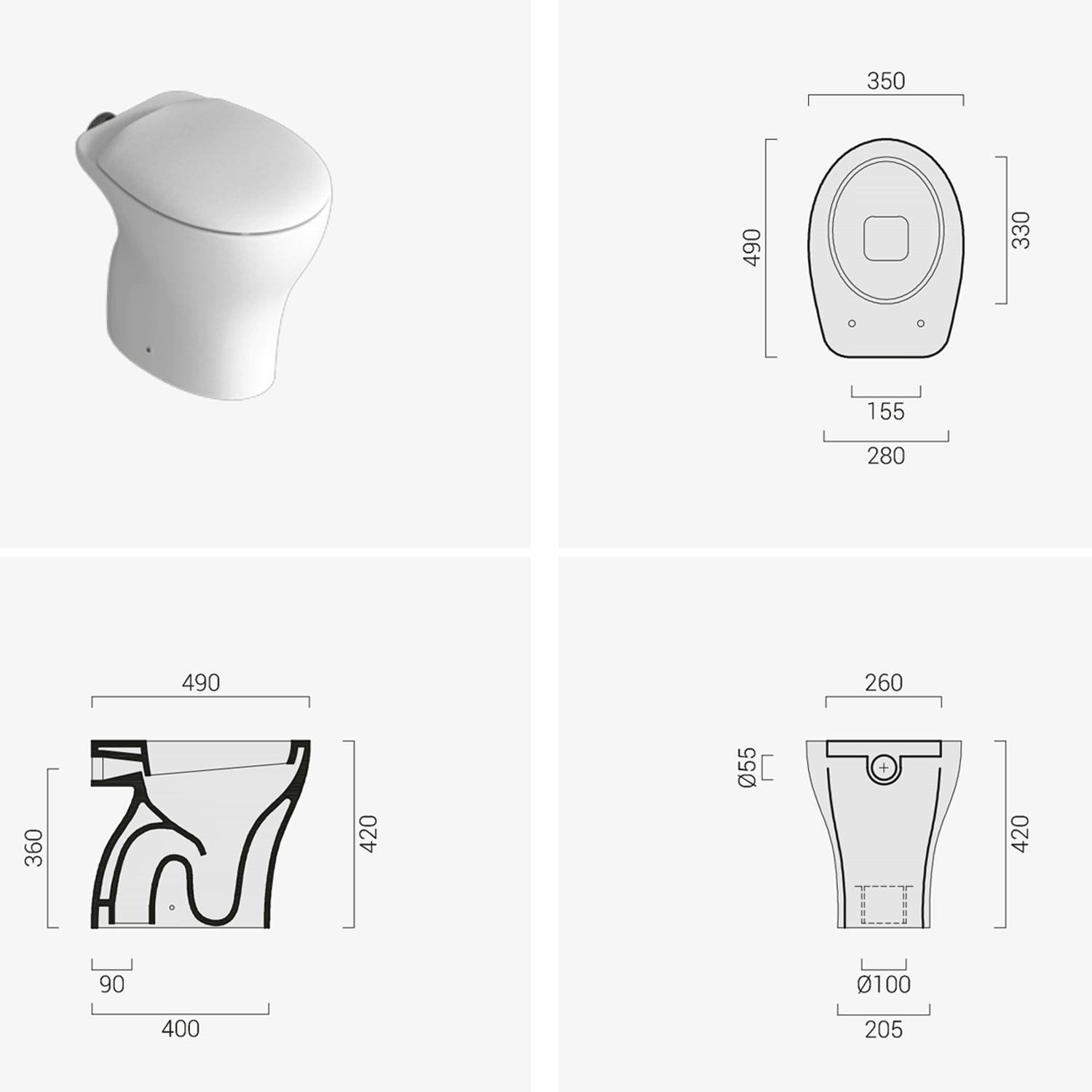 Sanitari moderni a terra distanziati da Parete Domus Falerii Mascalzone Light con sedile Soft Close