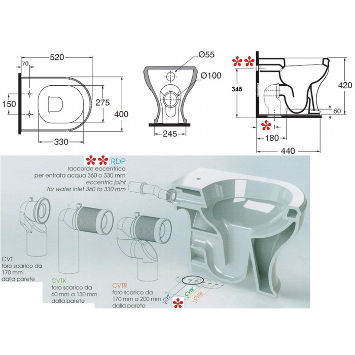 Sanitari Filomuro con scarico traslato Azzurra Charme design classico sedile soft close