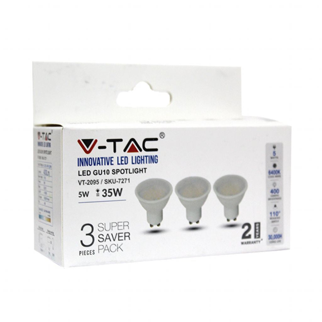 Spotlight LED - 5W GU10 SMD White Plastic 6400K (Box 3 Pezzi)