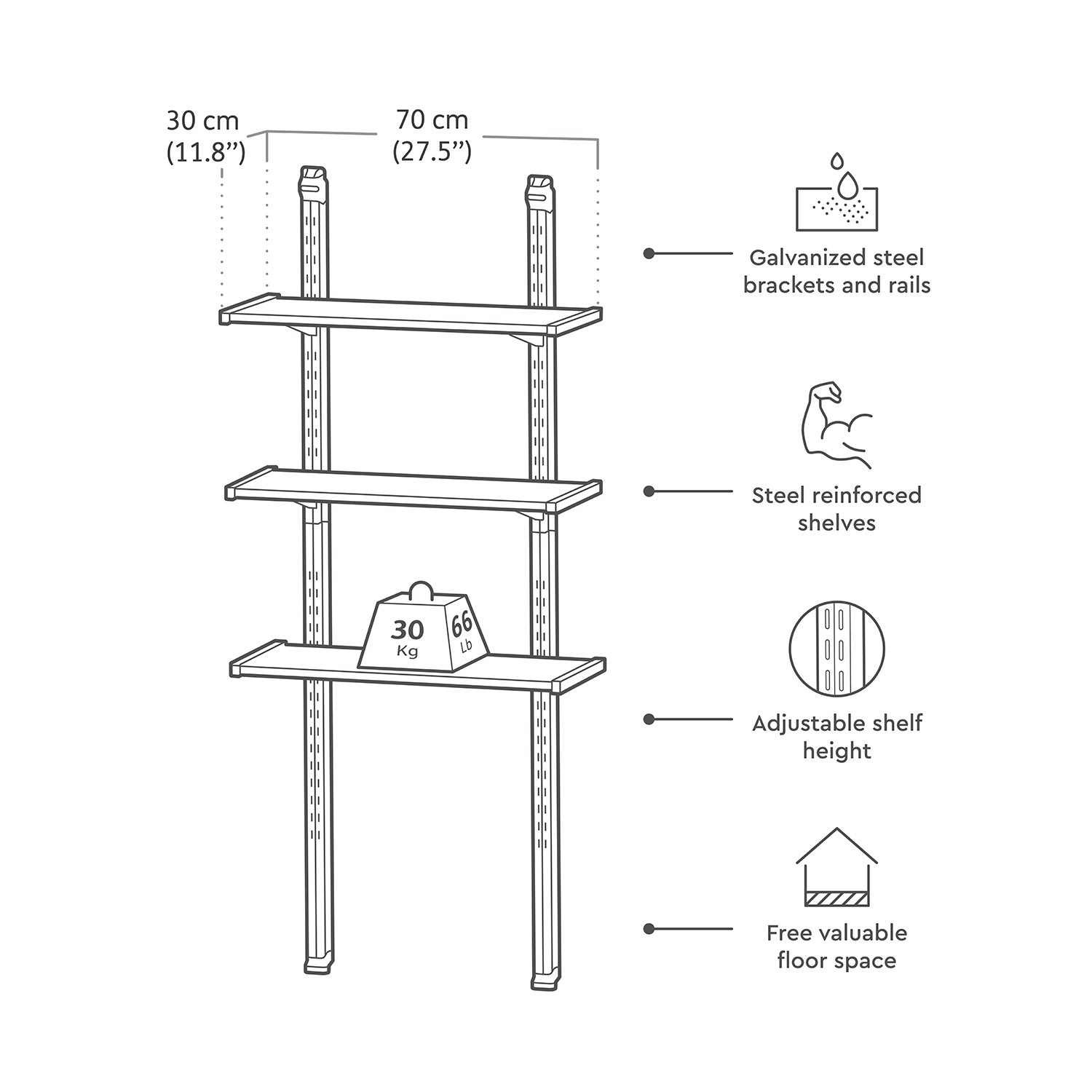 Scaffalatura 3 Ripiani per Casetta da Giardino 70x30 cm Altezza Regolabile in Resina Keter Shelving Kit 70 Nera