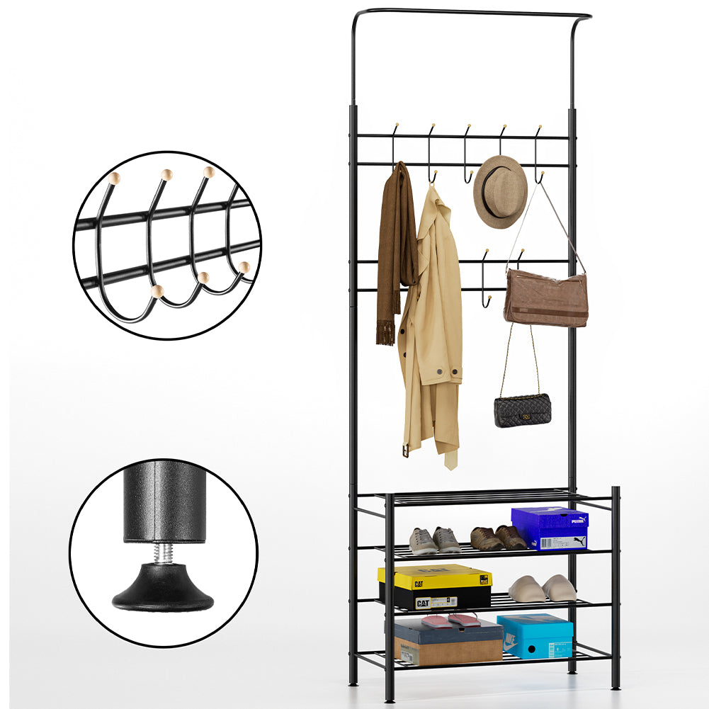 Stand Appendiabiti da Ingresso Struttura Metallo 9 Ganci con scarpiera 4 Ripiani