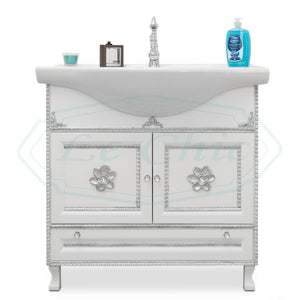 Arredo bagno 85 cm barocco white con decori completo di specchio