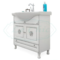 Arredo bagno 85 cm barocco white con decori completo di specchio