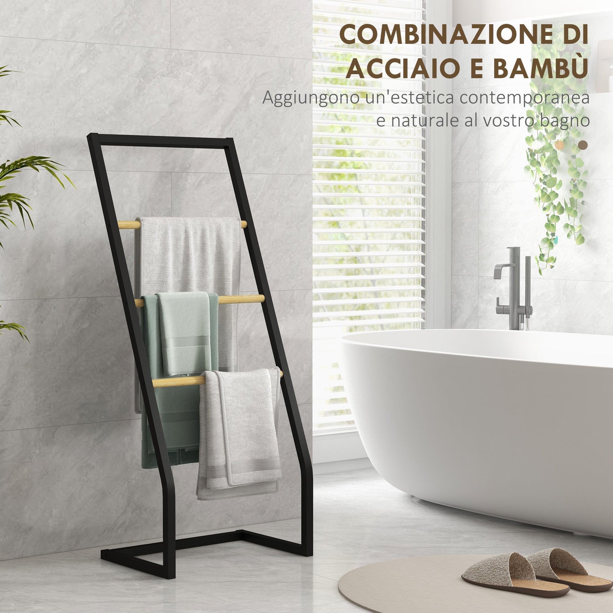 Piantana Portasciugamani da Bagno da Terra 4 Sbarre 40,5x28x98cm in Bambù e Acciaio Nero