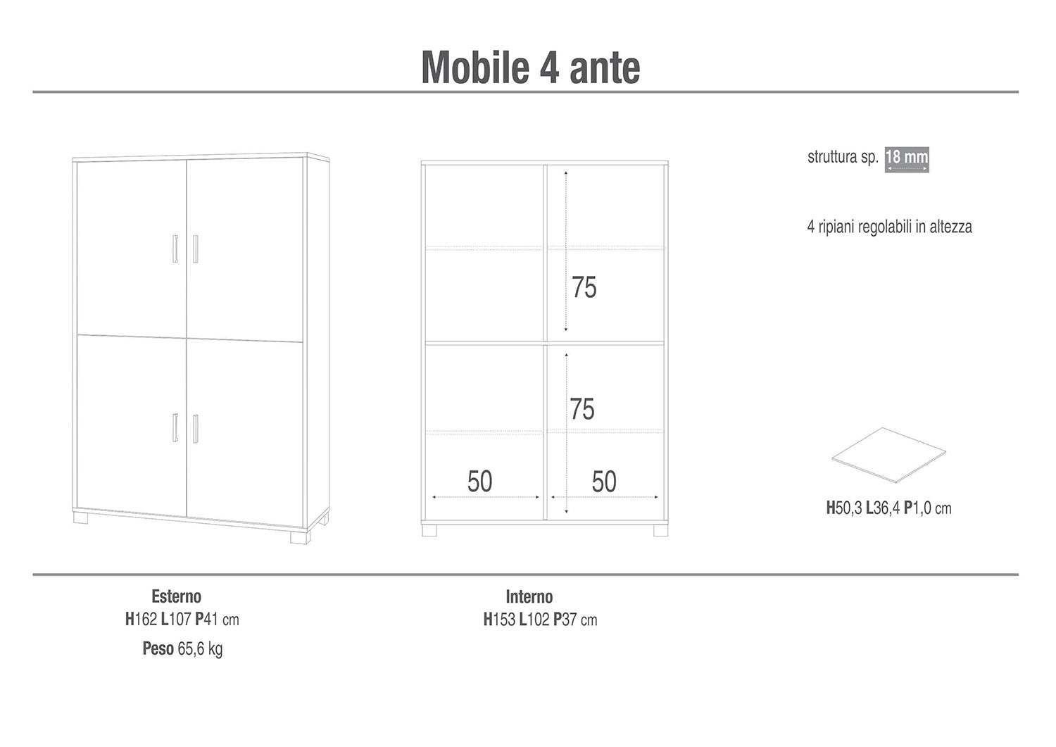 Mobile Multiuso 4 Ante 107x162x41 cm Cemento/Bianco Lucido