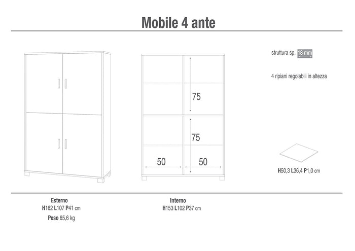 Mobile Multiuso 4 Ante 107x162x41 cm Cemento/Bianco Lucido