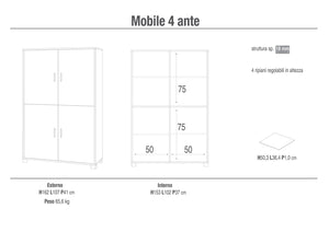 Mobile Multiuso 4 Ante 107x162x41 cm Ossido Nero/Bianco Lucido