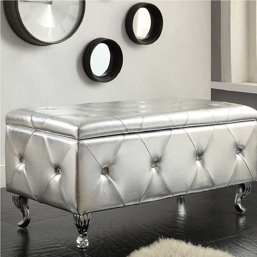 Cassapanca Pouf Contenitore Panca Moderna 96x46 H 43cm con Cristalli Argento