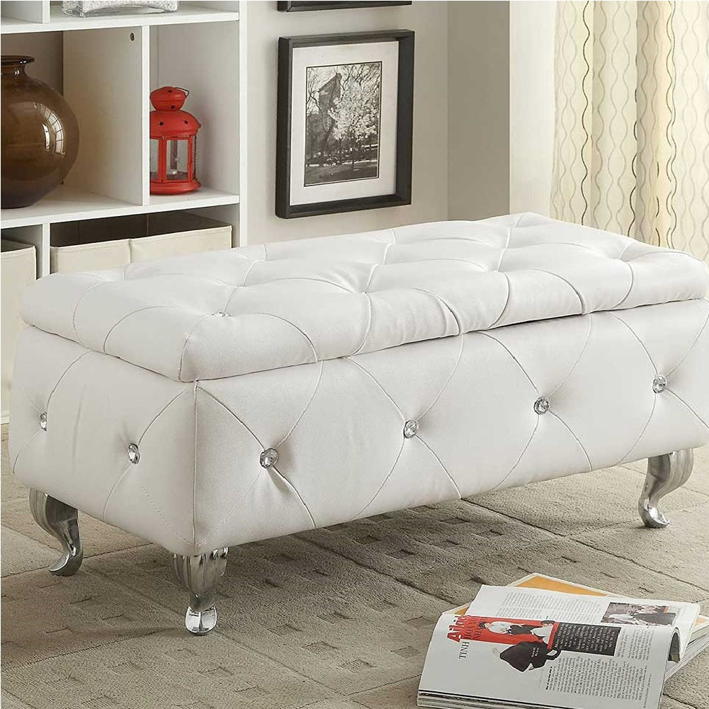 Cassapanca Pouf Contenitore Panca Moderna 96x46 H 43cm con Cristalli Bianco