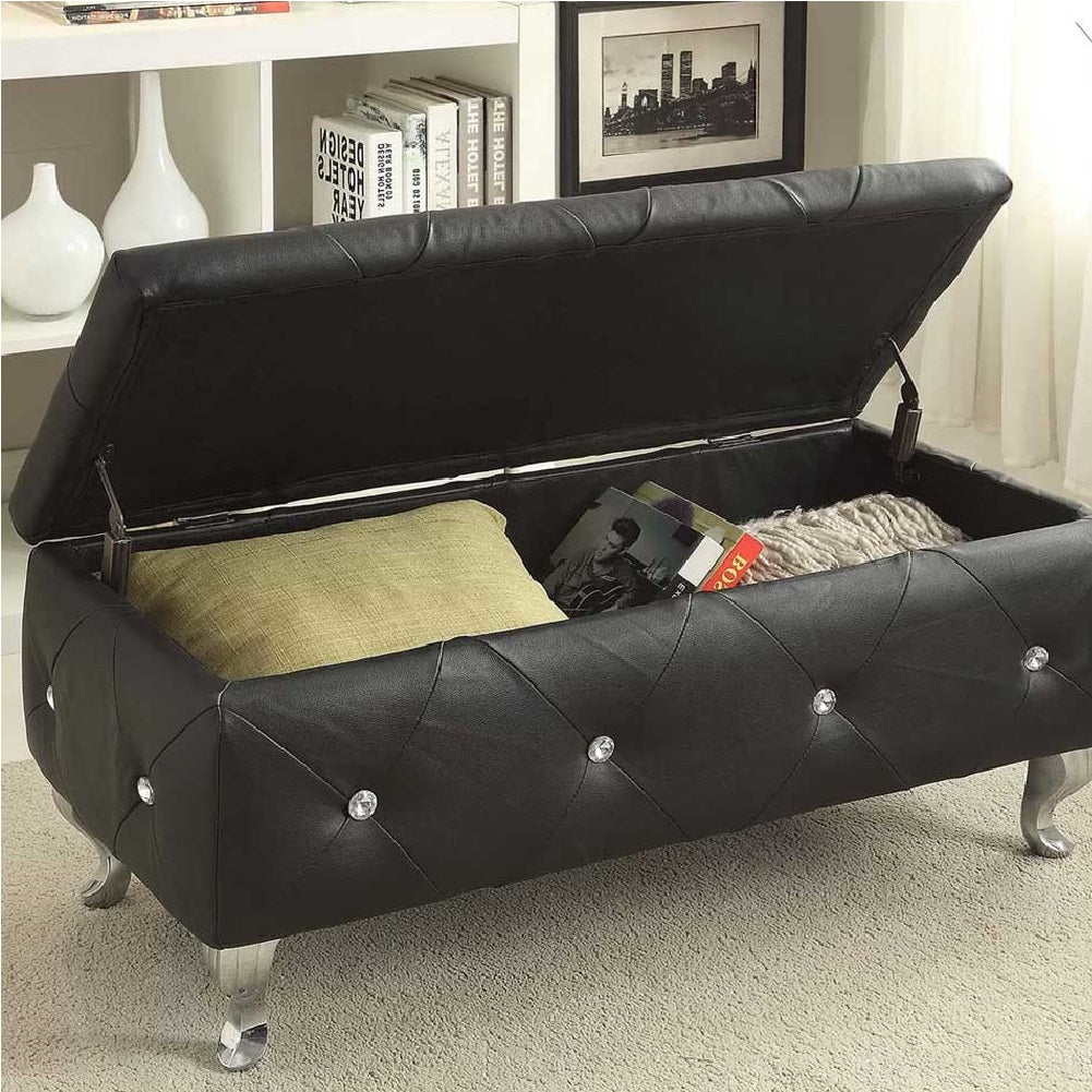 Cassapanca Pouf Contenitore Panca Moderna 96x46 H 43cm con Cristalli Nero