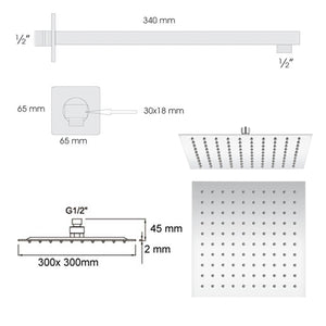 Set doccia quadrato Ares con soffione 30x30 cm con braccio doccia e kit duplex