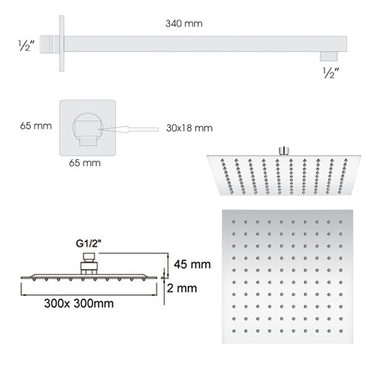 Set doccia quadrato Ares con soffione 30x30 cm con braccio doccia e kit duplex