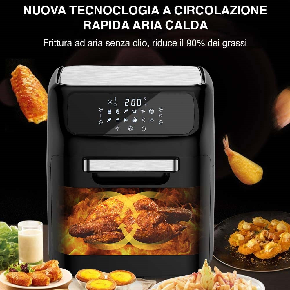 Forno Friggitrice Ad Aria 12Lt Digitale 1800W Timer 12 Programmi Senza Olio Led