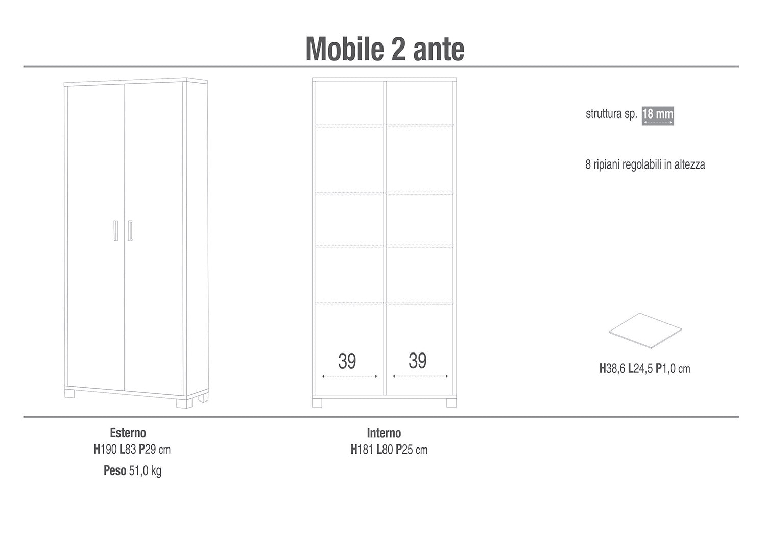 Armadio Multiuso 2 Ante 83x190x29 cm Ossido Nero/Noce Stelvio