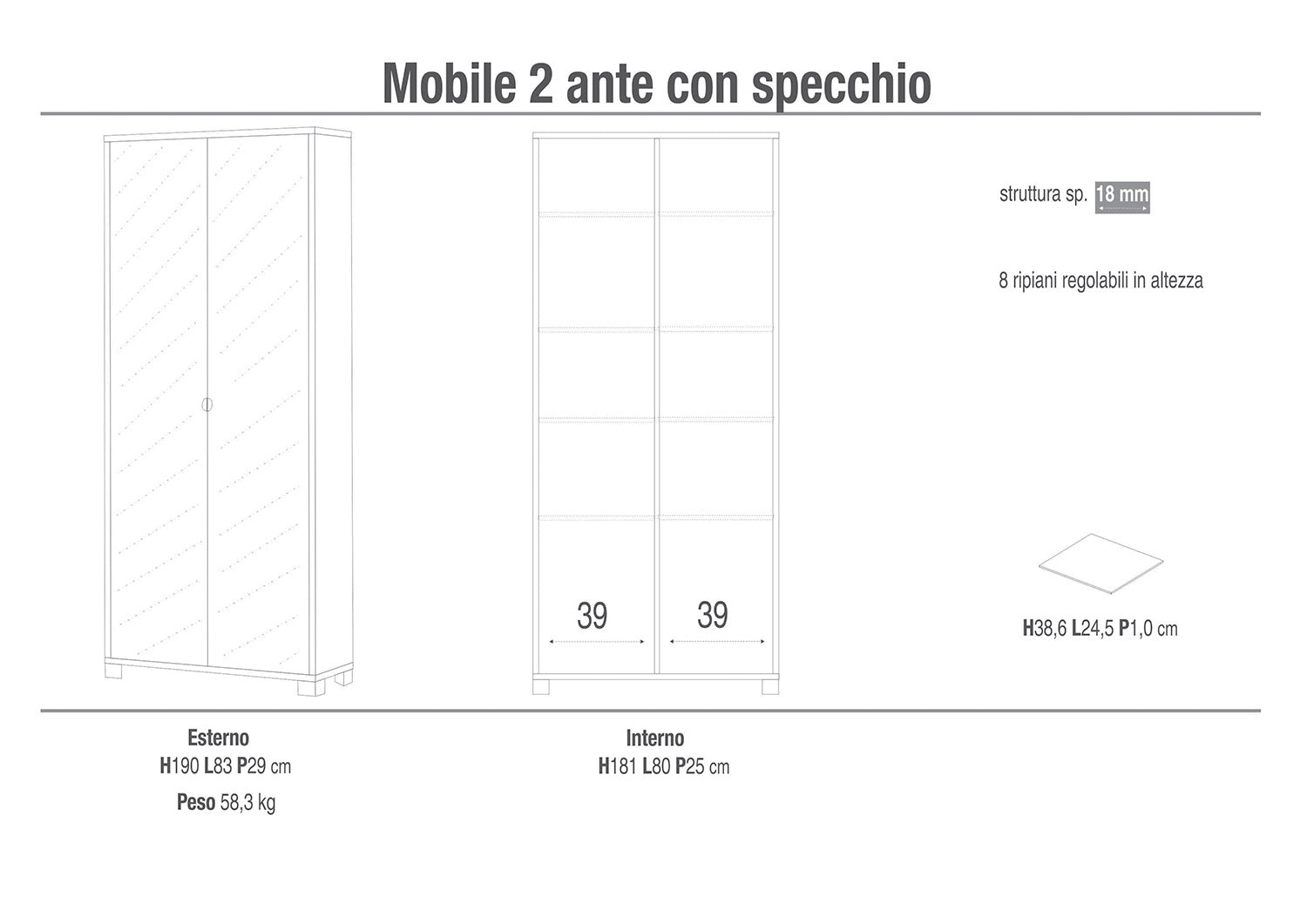 Armadio Multiuso 2 Ante con Specchio 83x190x29 cm Ossido Nero