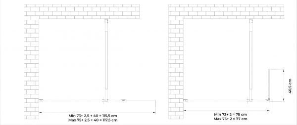 Parete doccia Walk In con anta mobile paraspruzzi vetro temprato 8mm H 200 cm misura 75 cm lastra + 40 cm antina