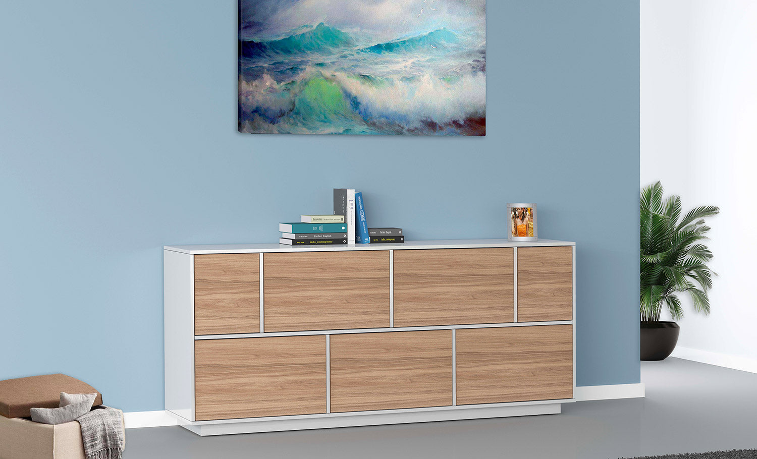 Credenza 7nAnte 200x41,4x86 cm Bloom Bianco Lucido e Noce