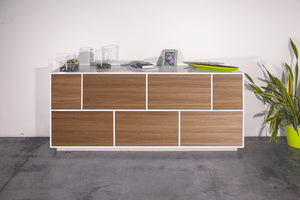 Credenza 7nAnte 200x41,4x86 cm Bloom Bianco Lucido e Noce