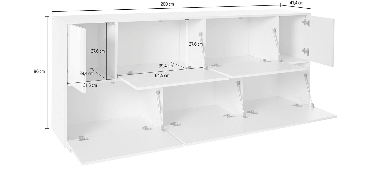 Credenza 7nAnte 200x41,4x86 cm Bloom Bianco Lucido e Noce