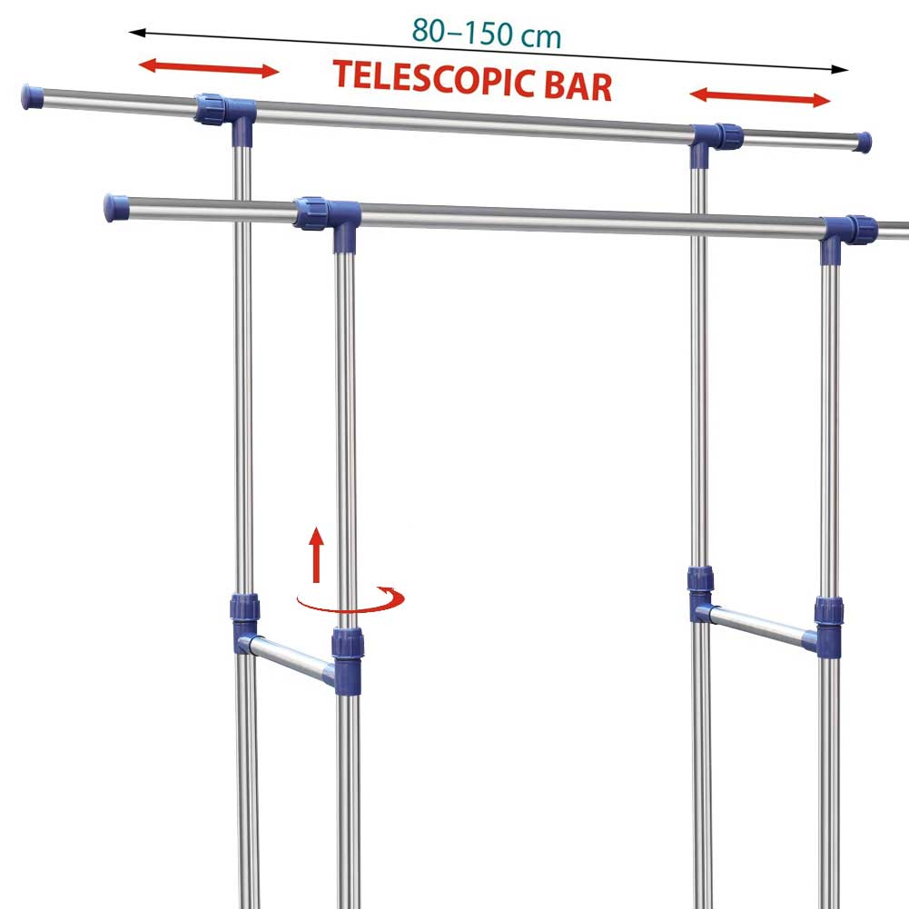 Stand Appendiabiti Doppio in Acciaio con Ruote e Aste Telescopiche Regolabile