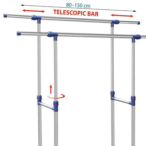 Stand Appendiabiti Doppio in Acciaio con Ruote e Aste Telescopiche Regolabile