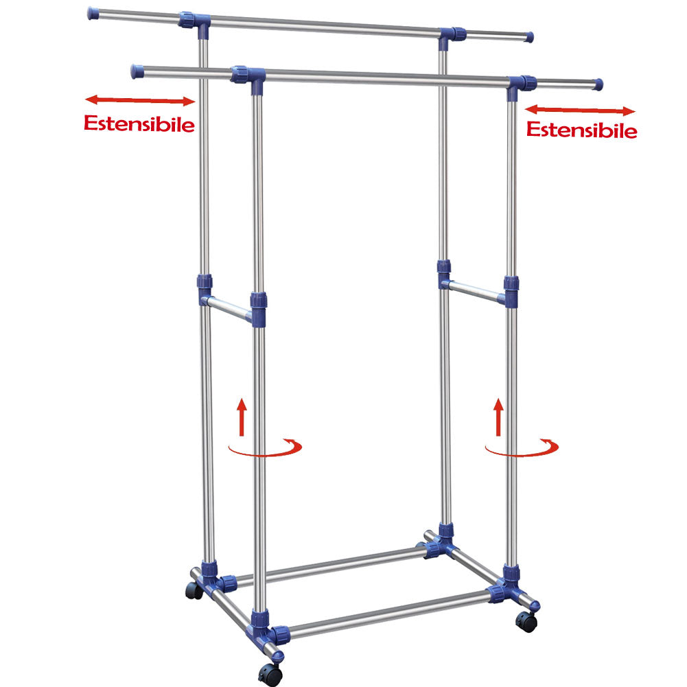 Stand Appendiabiti Doppio in Acciaio con Ruote e Aste Telescopiche Regolabile