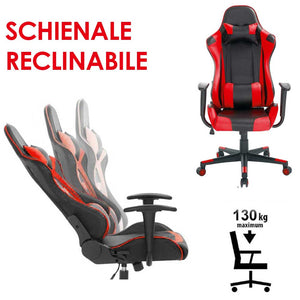 Sedia Poltrona Gaming Ufficio Scrivania, Gioco Reclinabile Girevole 2cuscini Red