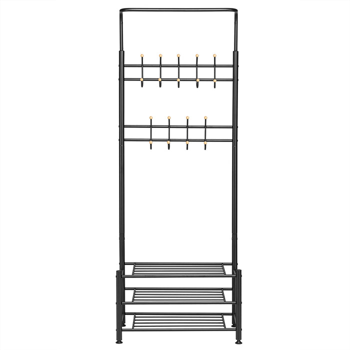 Ingresso Stand Appendiabiti in Metallo 9Ganci 3Ripiani 68.5x35 H187cm Scarpiera Nero