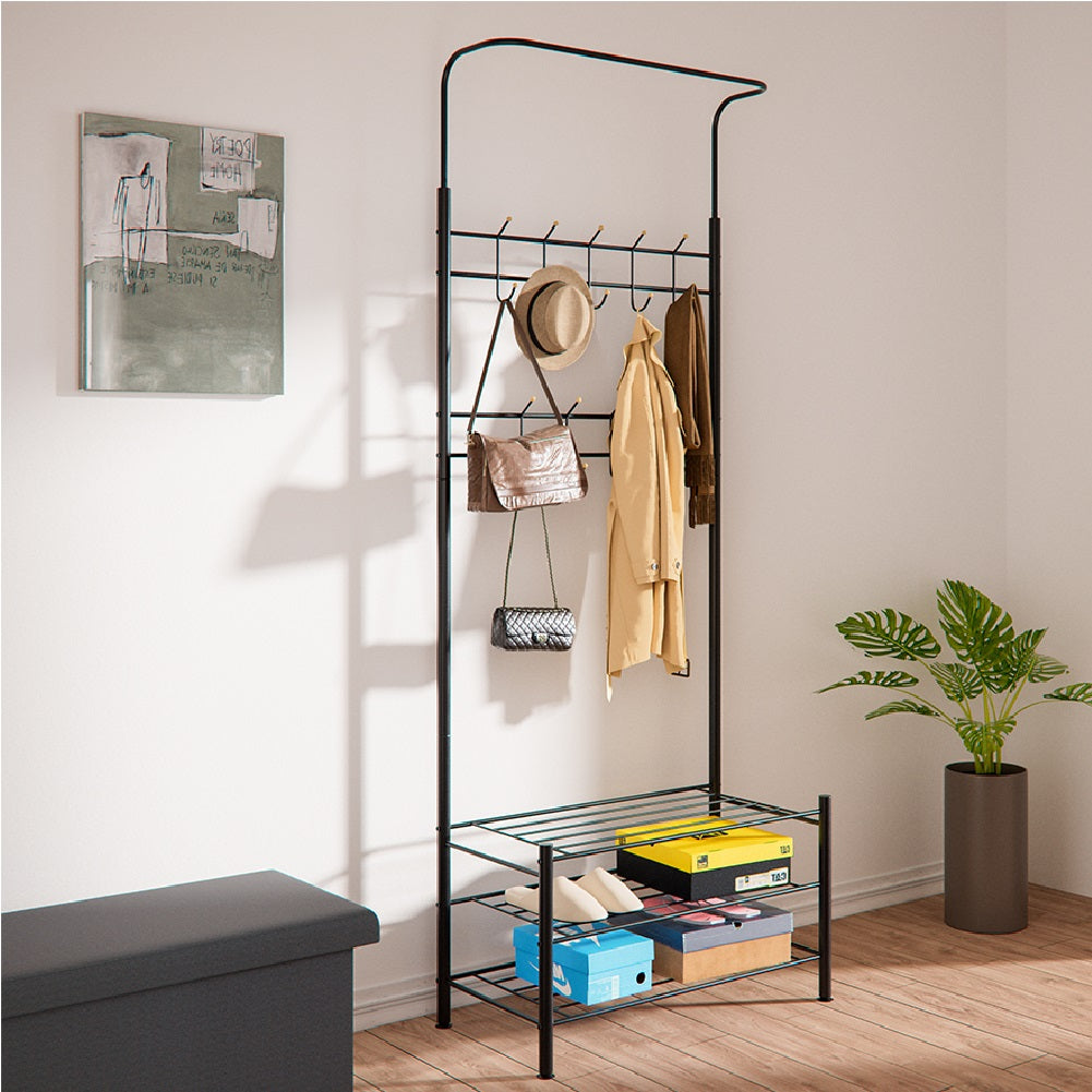 Ingresso Stand Appendiabiti in Metallo 9Ganci 3Ripiani 68.5x35 H187cm Scarpiera Nero